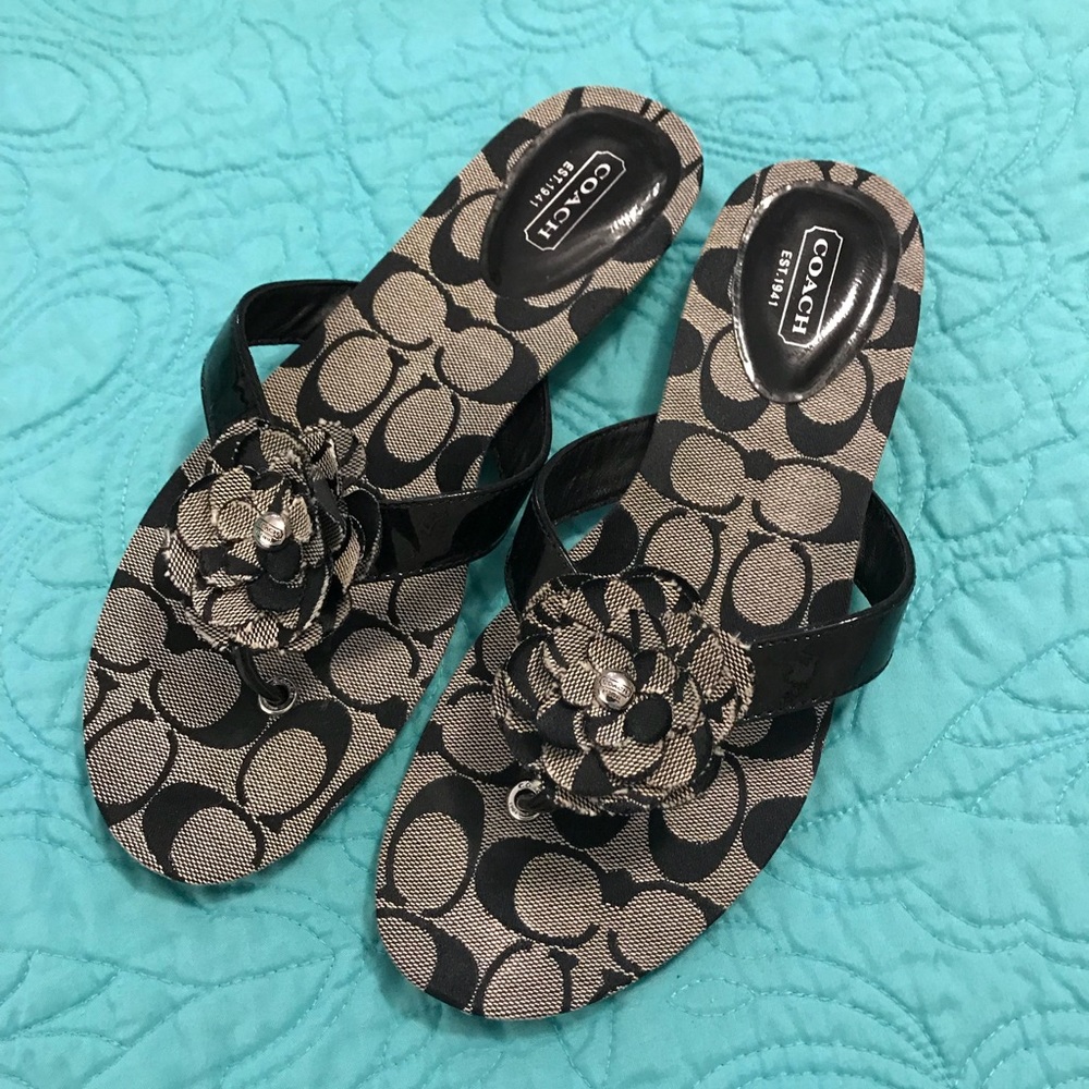 Coach Black Flower Slippers (Size 8)